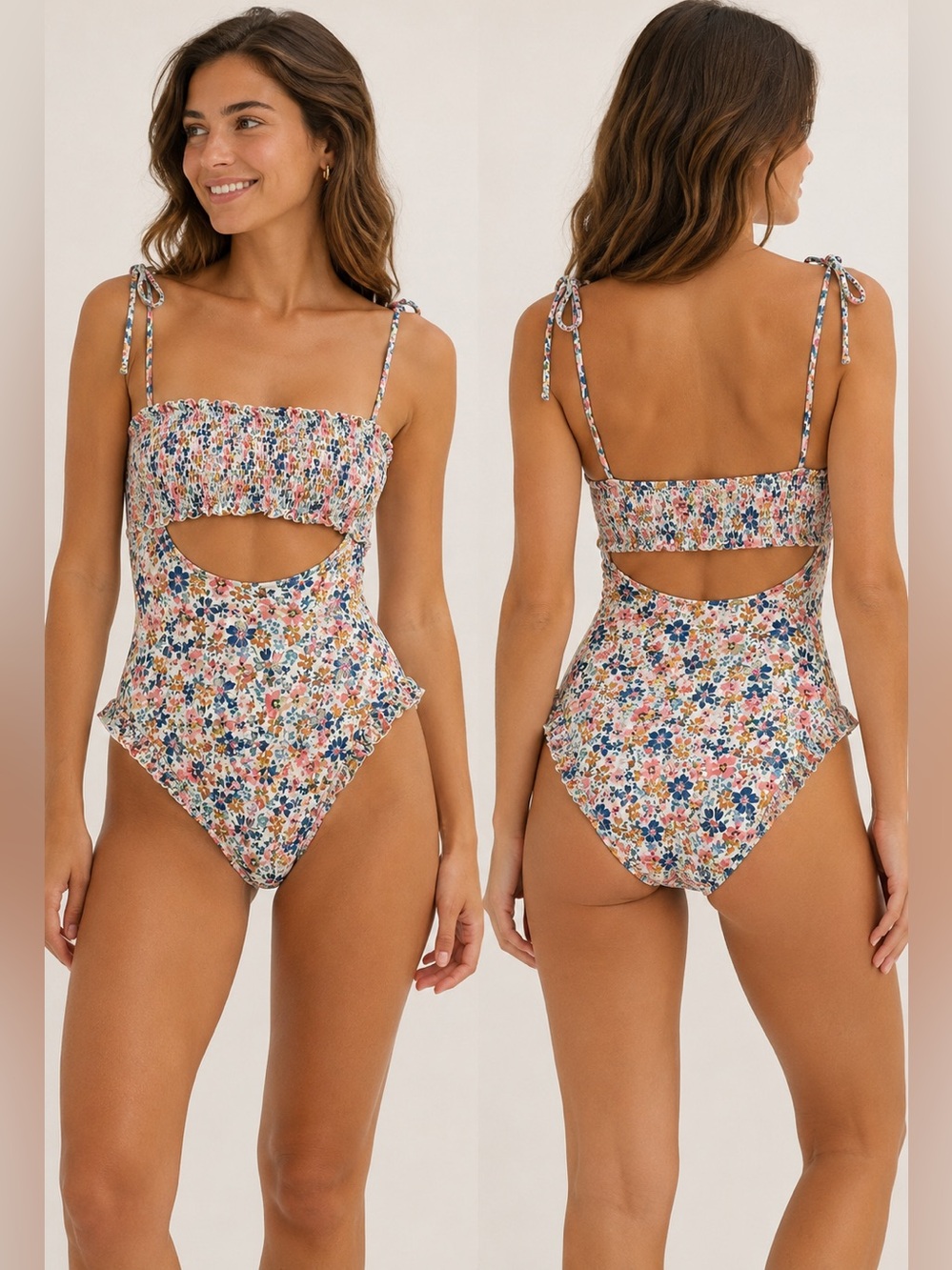 True Craft Floral Cutout One Piece Swimsuit Smocked Bandeau Ruffle Women’s M
